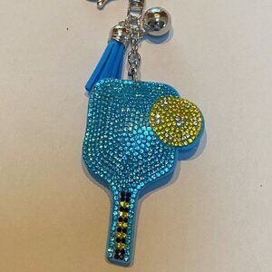 Pickle Ball Blue and Yellow Rhinestone Keychain with blue tassel